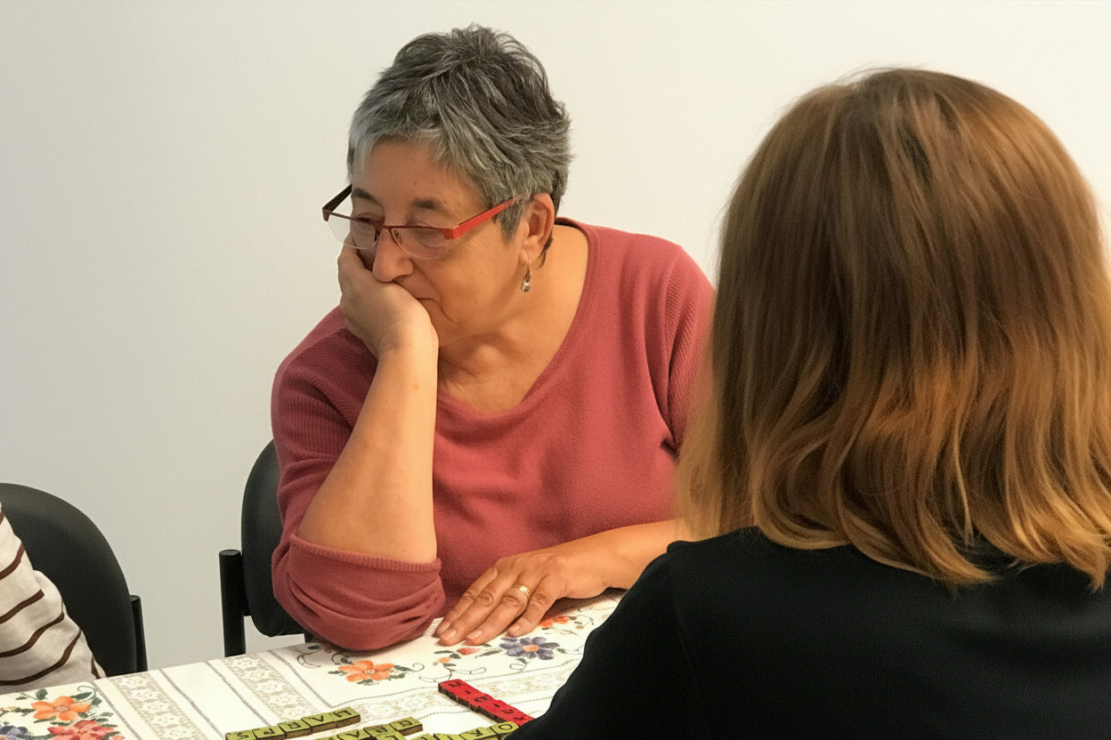 Two people playing a board game together at a table.